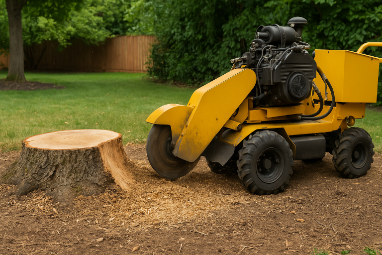 Stump grinding machine removing a tree stump in a residential yard in Lafayette, Louisiana